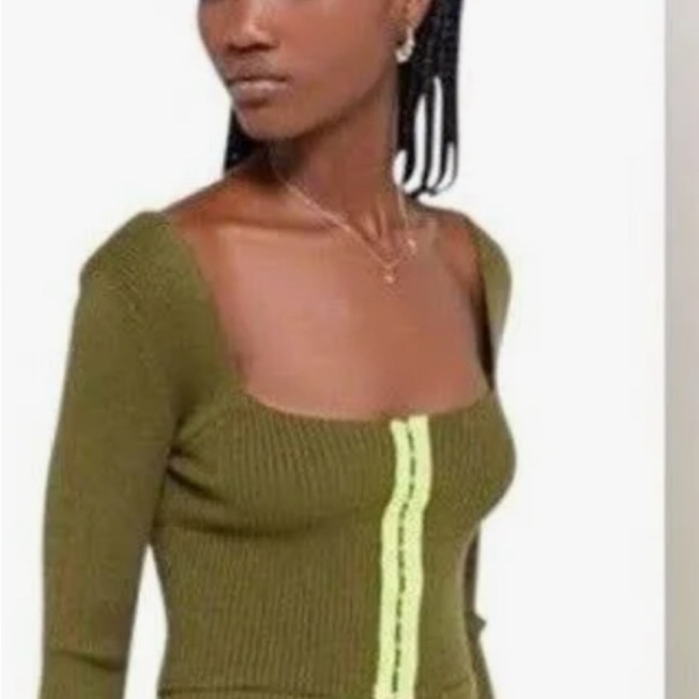 Olive Green Ribbed Knit Top with Neon Stripe